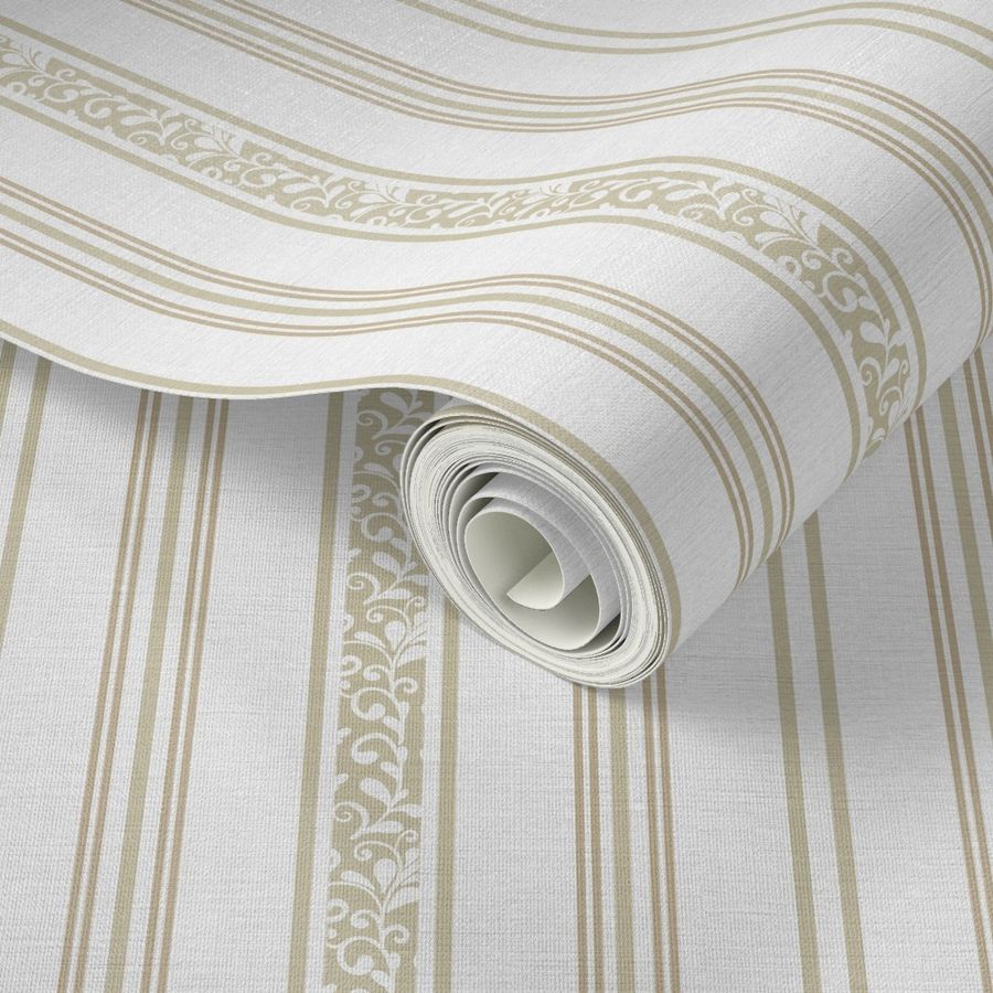 classic greenish and pastel yellow stripes with elaborate ornaments  on an off white linen background - small scale