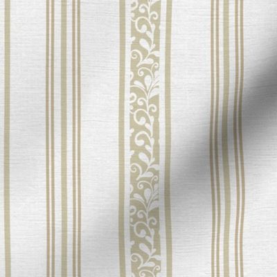 classic greenish and pastel yellow stripes with elaborate ornaments  on an off white linen background - small scale