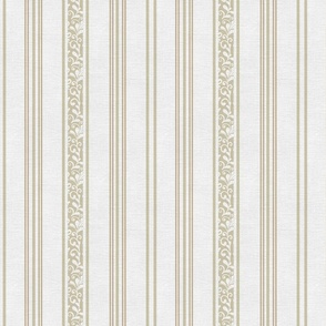 classic greenish and pastel yellow stripes with elaborate ornaments  on an off white linen background - small scale