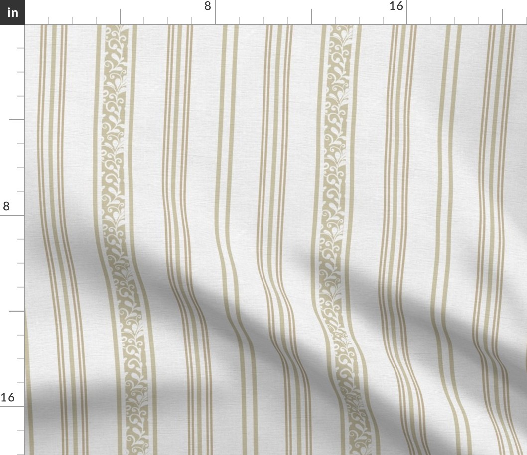 classic greenish and pastel yellow stripes with elaborate ornaments  on an off white linen background - small scale