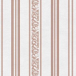 classic earthy red brown stripes with elaborate ornaments  on an off white linen background - medium scale