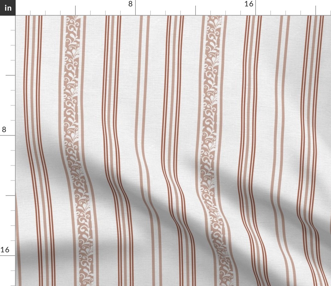 classic earthy red brown stripes with elaborate ornaments  on an off white linen background - small scale