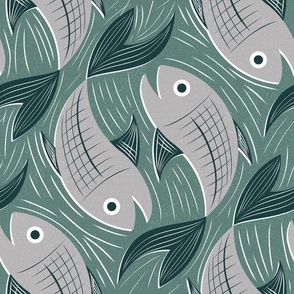 Large scale • Fish block print - green