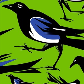 Graphic birds magpies with white and  blue wings on a vivid green  background pattern