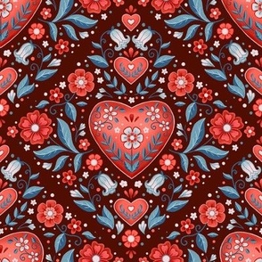 Red Damask Hearts -8" repeat