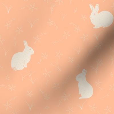 Spring Easter Bunny Rabbits and Florals on Pantone 2024 peach fuzz