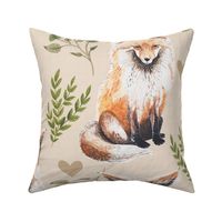 Large - Sweet Fox on Tan Linen with Leaves and Hearts - Forest Pals