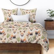 Large - Sweet Fox on Tan Linen with Leaves and Hearts - Forest Pals