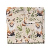 Large - Sweet Fox on Tan Linen with Leaves and Hearts - Forest Pals