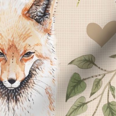 Large - Sweet Fox on Tan Linen with Leaves and Hearts - Forest Pals