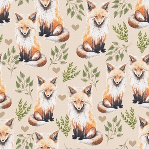 Large - Sweet Fox on Tan Linen with Leaves and Hearts - Forest Pals