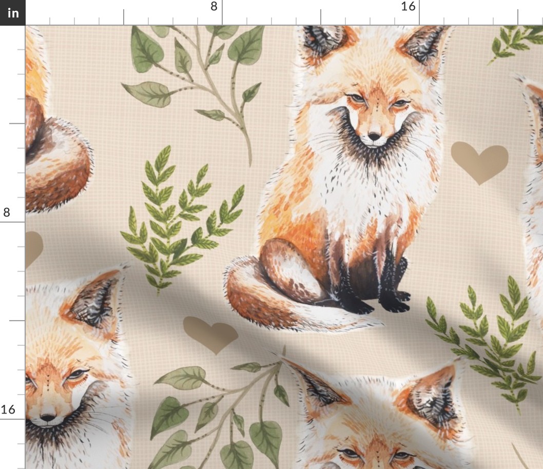 Large - Sweet Fox on Tan Linen with Leaves and Hearts - Forest Pals