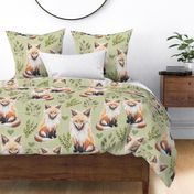 Large - Sweet Fox on Green Linen with Leaves and Hearts - Forest Pals