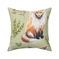 Large - Sweet Fox on Green Linen with Leaves and Hearts - Forest Pals
