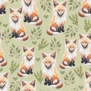 Large - Sweet Fox on Green Linen with Leaves and Hearts - Forest Pals