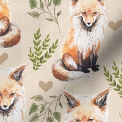 Medium - Sweet Fox on Tan Linen with Leaves and Hearts - Forest Pals