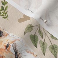 Medium - Sweet Fox on Tan Linen with Leaves and Hearts - Forest Pals