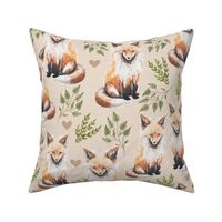 Medium - Sweet Fox on Tan Linen with Leaves and Hearts - Forest Pals