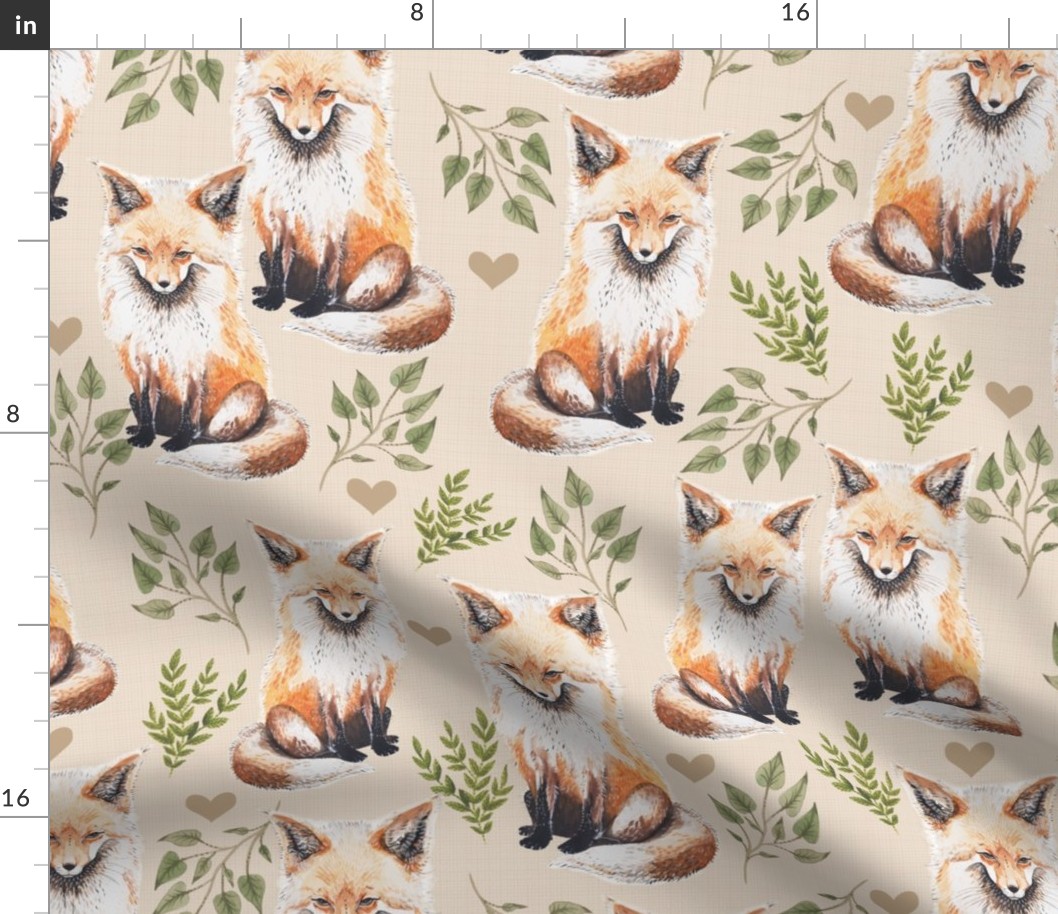 Medium - Sweet Fox on Tan Linen with Leaves and Hearts - Forest Pals