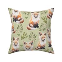 Medium - Sweet Fox on Green Linen with Leaves and Hearts - Forest Pals