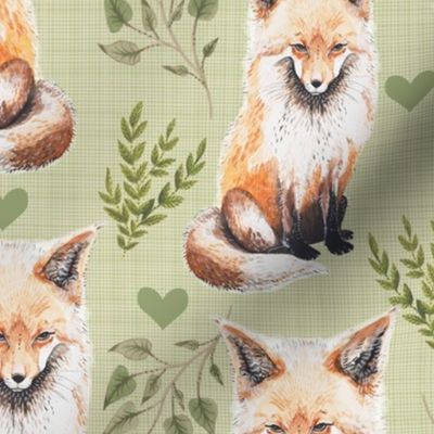 Medium - Sweet Fox on Green Linen with Leaves and Hearts - Forest Pals