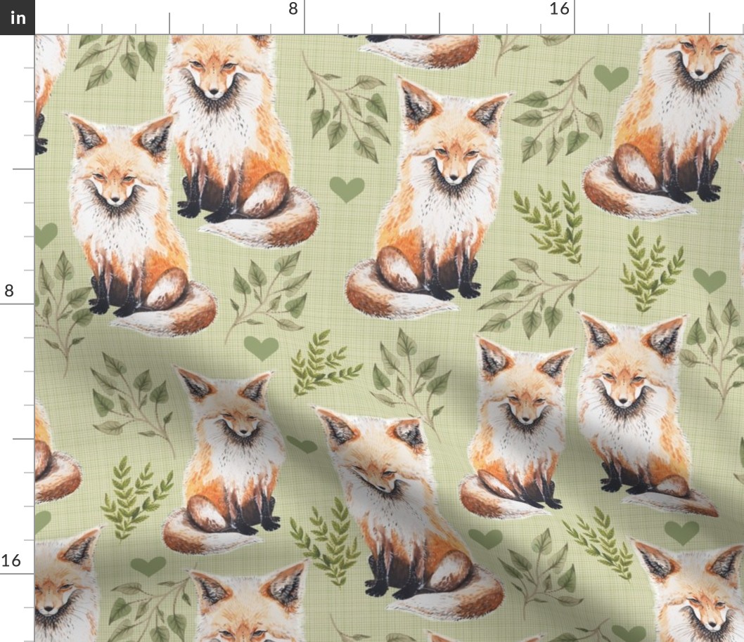 Medium - Sweet Fox on Green Linen with Leaves and Hearts - Forest Pals