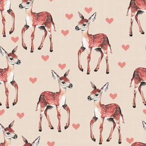 Large - Dear Deer - Fawns on Tan Linen with Hearts - Forest Pals