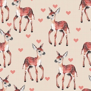 Medium - Dear Deer - Fawns on Tan Linen with Hearts - Forest Pals