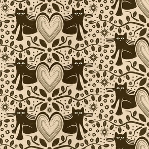 Cats and Hearts Block Print-Inspired Design - Large Scale