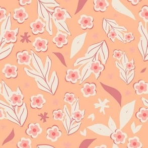 Pantone Peach Fuzz 2024 - Cottage Core Cute Flower Toss Block Print Style.