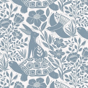 Block print Tortoise and Hare, chambray - 14”