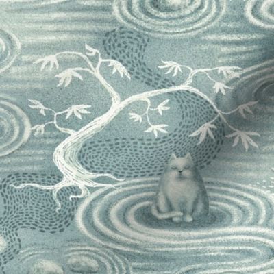 zen cats's garden wallpaper - grey blue and ivory - medium scale