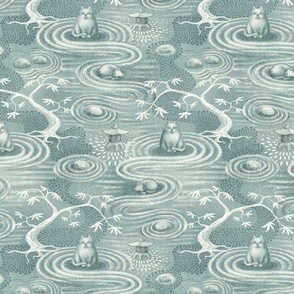 zen cats's garden wallpaper - grey blue and ivory - medium scale