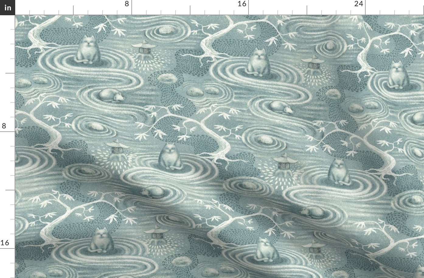 zen cats's garden wallpaper - grey blue and ivory - medium scale