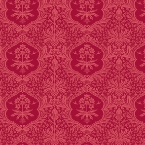 Funky Vintage Damask Bunnies, Birds, Insects - wine red.