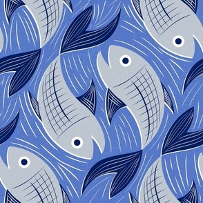 Large scale Fish block print - blue