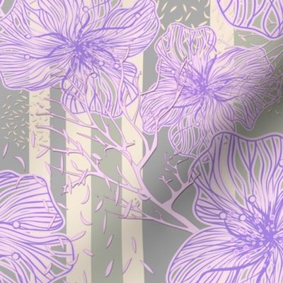 Lilac tropical flowers on a striped background 