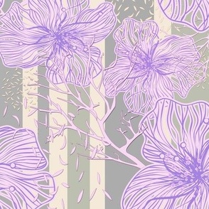 Lilac tropical flowers on a striped background 