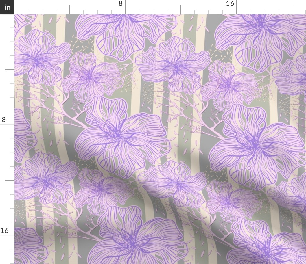 Lilac tropical flowers on a striped background 