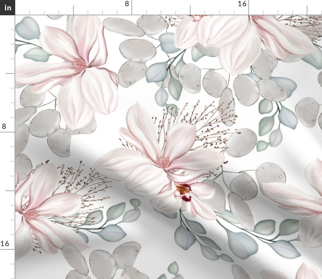 Delicate watercolor seamless pattern with magnolia flowers and eucalyptus leaves
