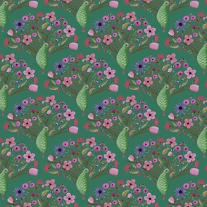 Whimsical pattern of decorative peacocks with  magical floral tails - maximalist ,  damask - small print.