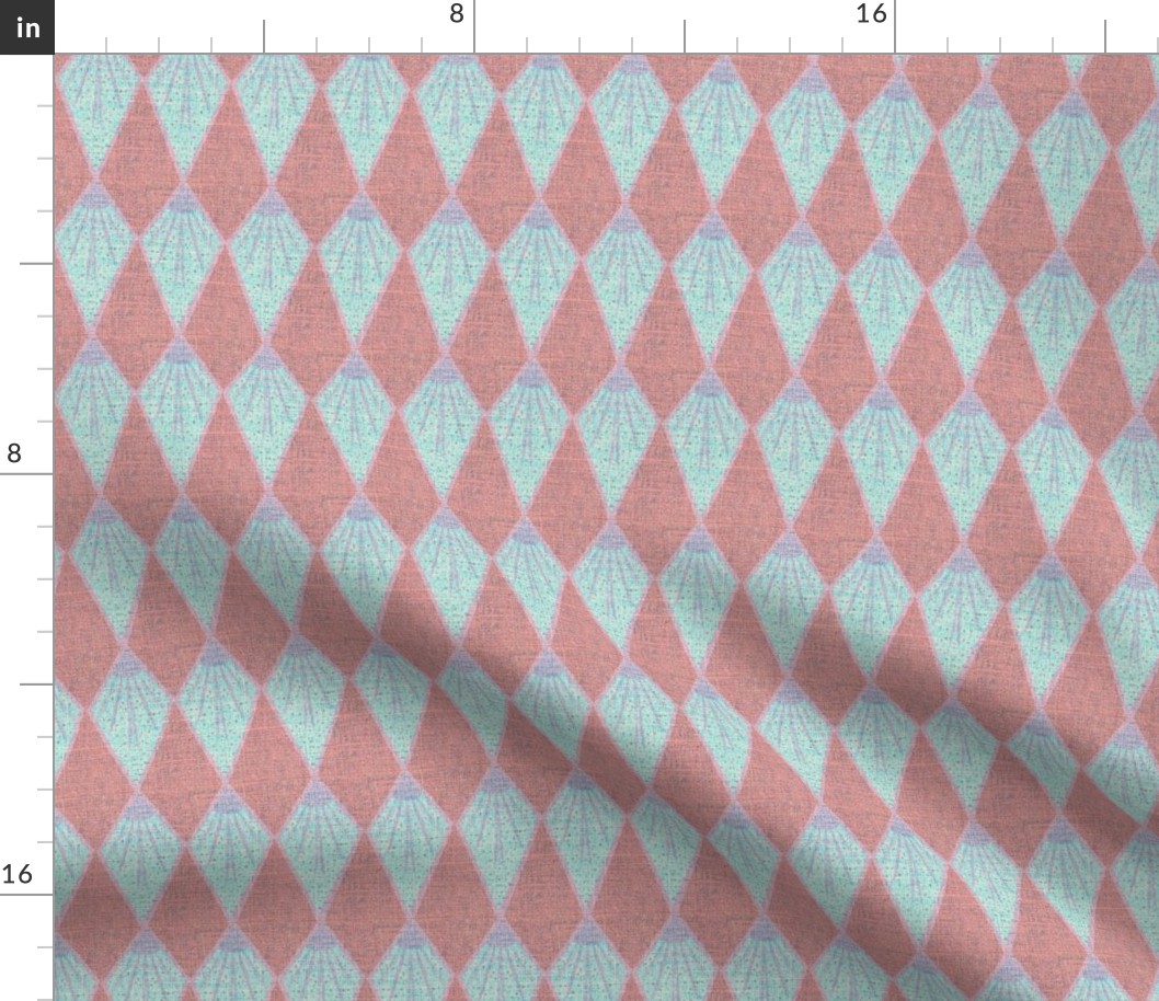 Pantone peach fuzz coordinate harlequin kite diamonds on burlap hessian texture in light blue and peach fuzz pink 6” repeat