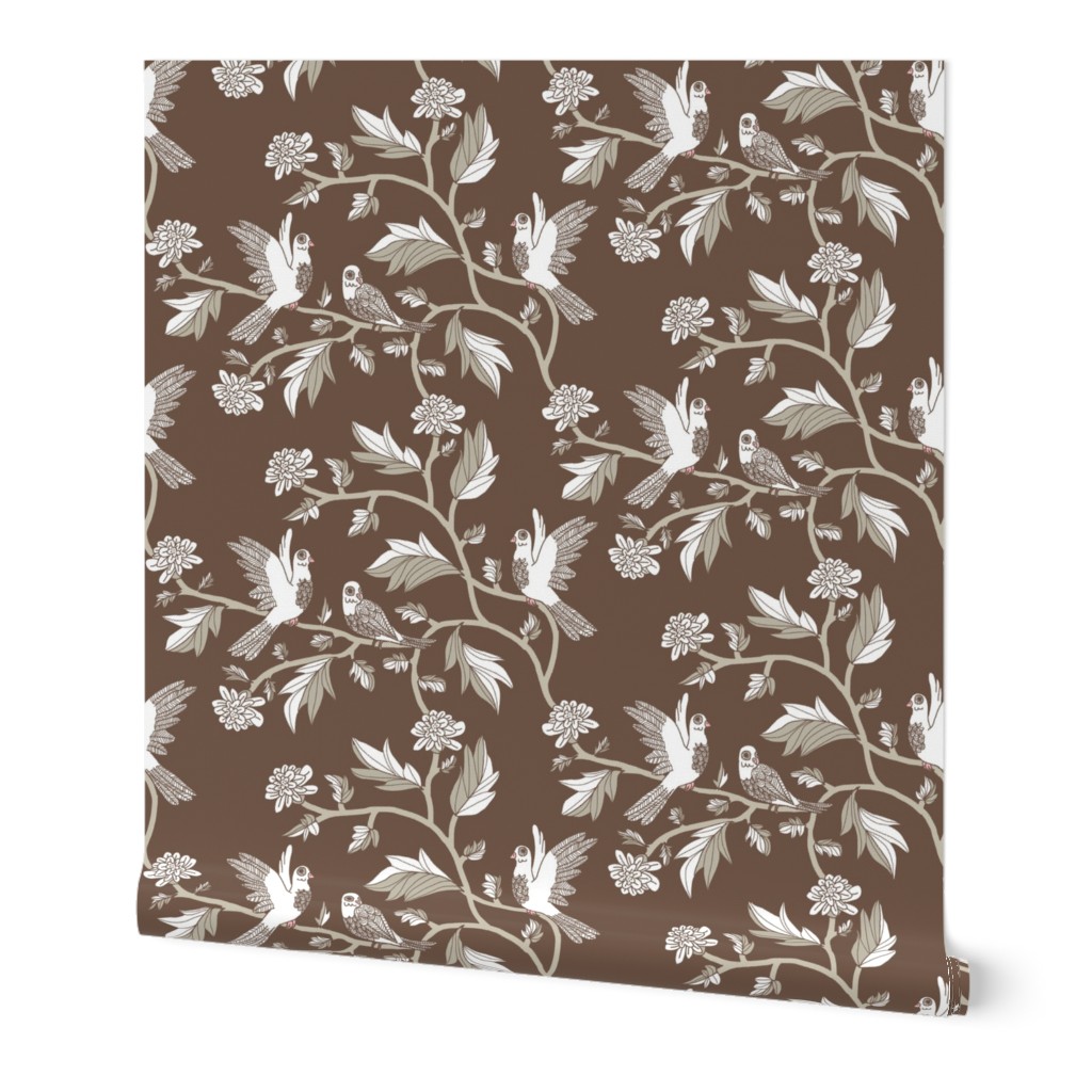 Block Print Doves and Flowering Vines in Brown and Taupe