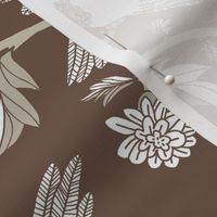 Block Print Doves and Flowering Vines in Brown and Taupe