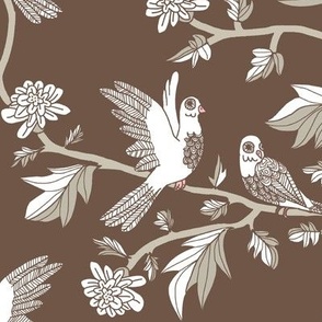 Block Print Doves and Flowering Vines in Brown and Taupe