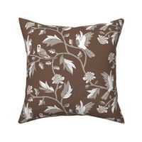 Block Print Doves and Flowering Vines in Brown and Gray