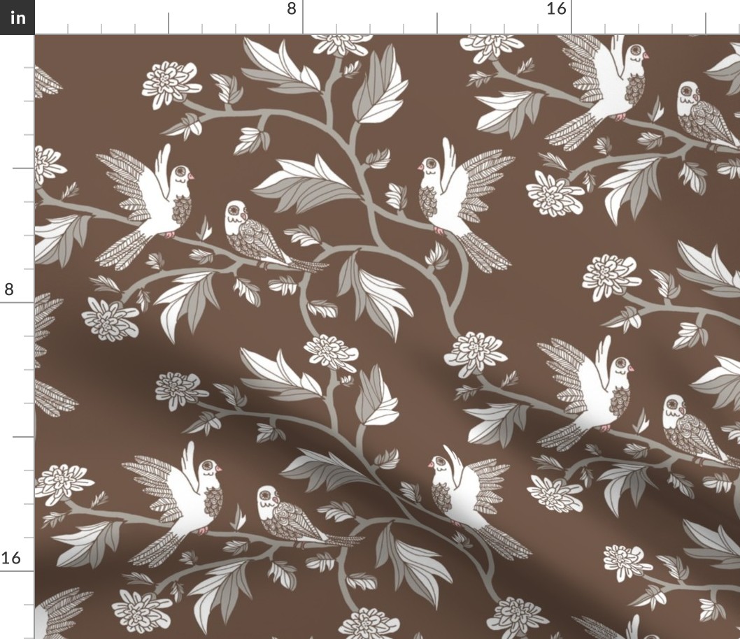 Block Print Doves and Flowering Vines in Brown and Gray