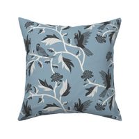 Block Print Doves and Flowering Vines in Black and White on Colonial Blue