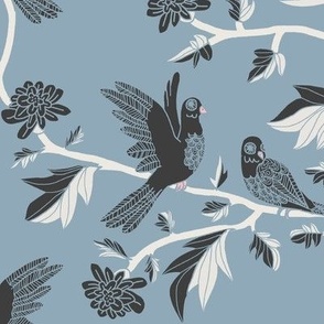 Block Print Doves and Flowering Vines in Black and White on Colonial Blue