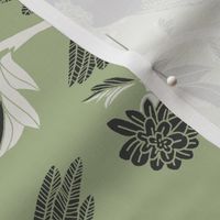 Block Print Doves and Flowering Vines in Black and White on Sage Green